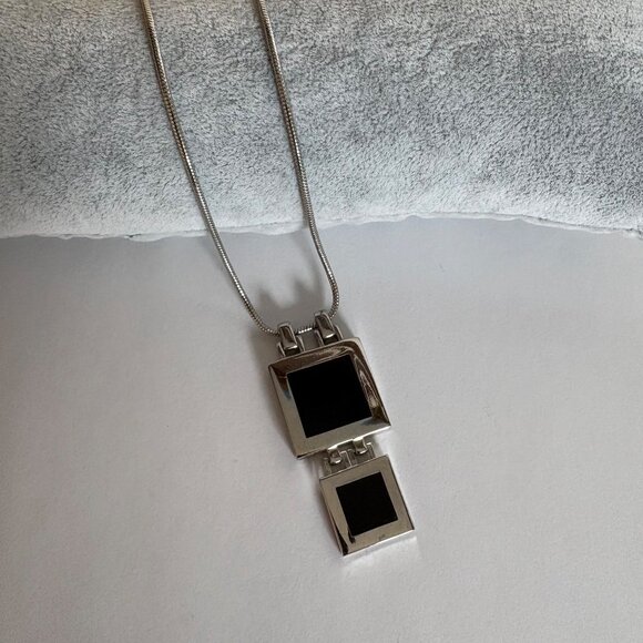 Black Double Square Pendant Necklace Silver Tone Snake Chain Minimalist Modern - Picture 3 of 8